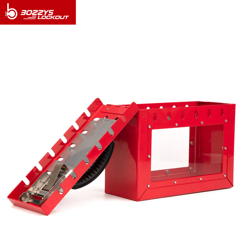 red Combined Storage Group Lockout Box with 12 numbered padlock holes slot and display window