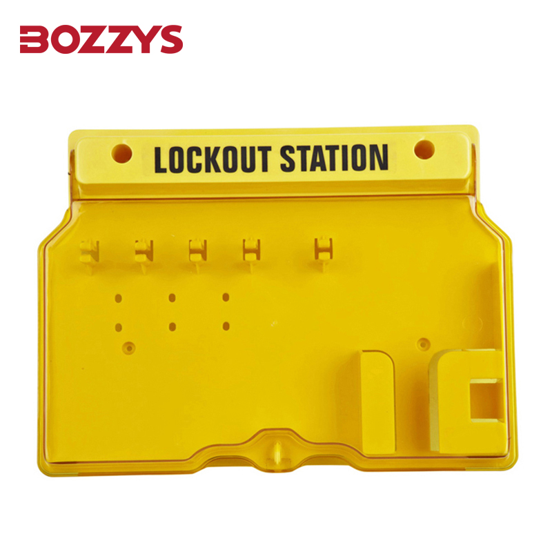 Wall-mounted Unfilled transparent cover Lockout station with 5 clips and 1 compartment locked with a padlock